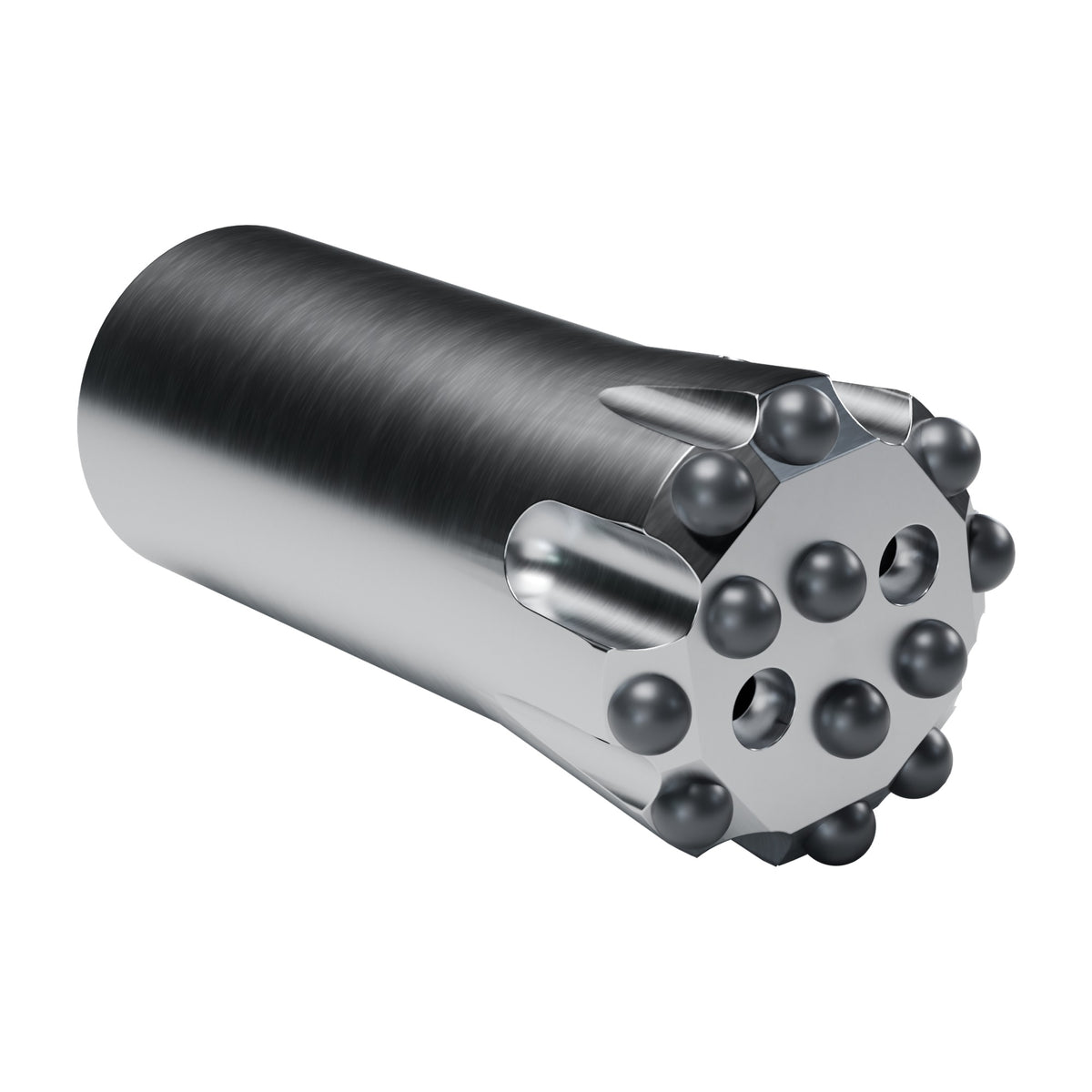 Rockmore R38 button bit, flat face, 8 gauge + 4 front buttons, 2 front flushing holes (render)