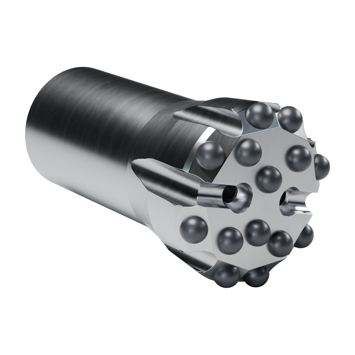 Rockmore R38 button bit, flat face, 8 gauge + 6 front buttons, 2 front flushing holes (render)