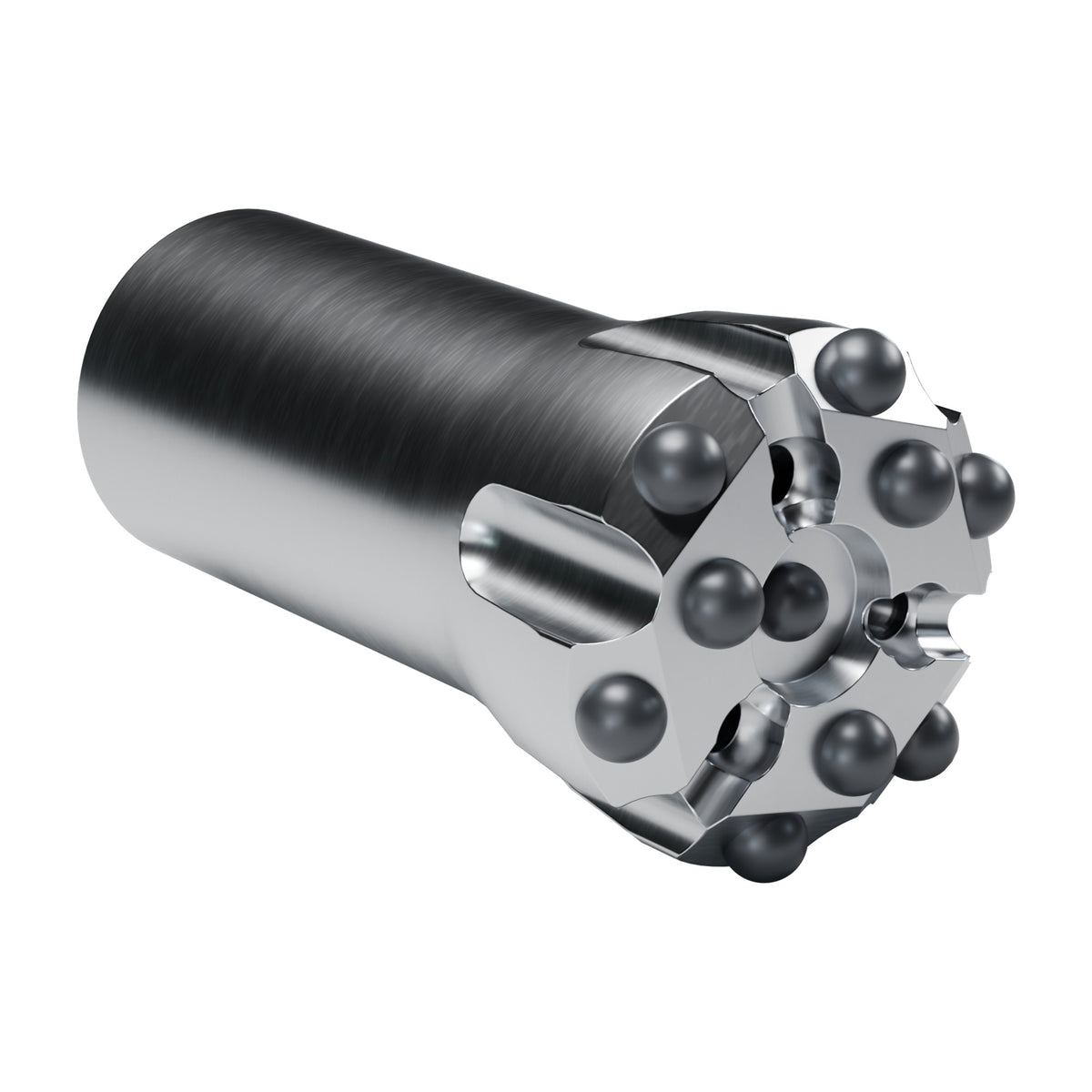 Rockmore R38 button bit, drop centre, 6 gauge + 3 front + 1 centre buttons, 3 front flushing holes (render)