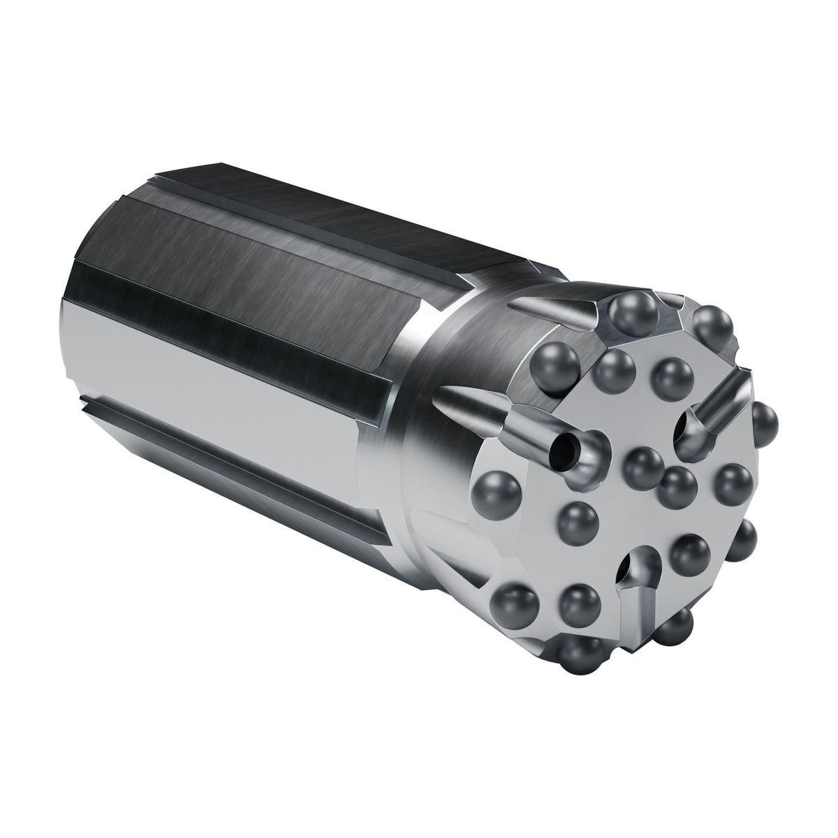 Rockmore ST58 button bit, flat face retrac, 9 gauge + 8 front buttons, 3 front flushing holes (render)