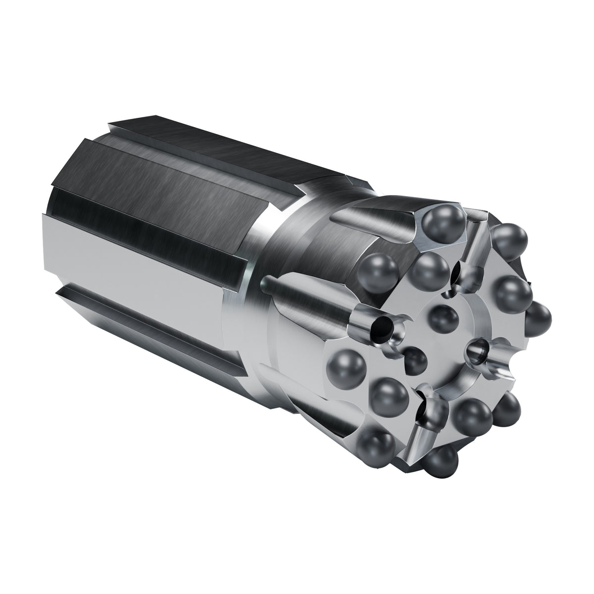 Rockmore ST58 button bit, drop centre retrac, 8 gauge + 4 front + 2 centre buttons, 4 front flushing holes (render)