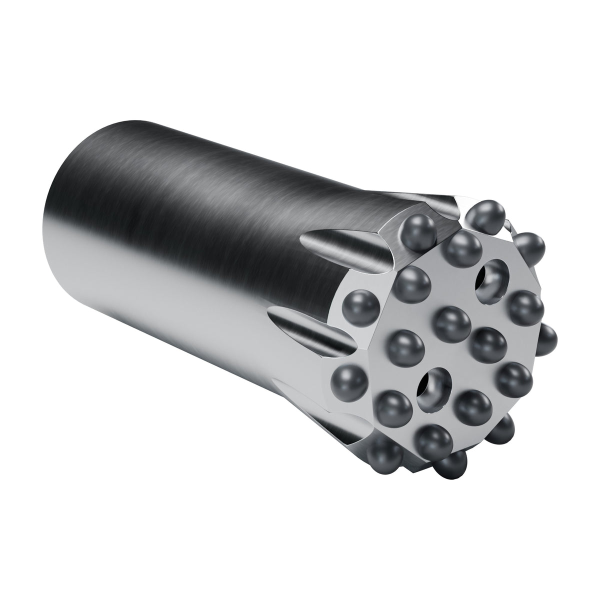 Rockmore T-WiZ60 button bit, flat face, 9 gauge + 10 front buttons, 2 front flushing holes (render)