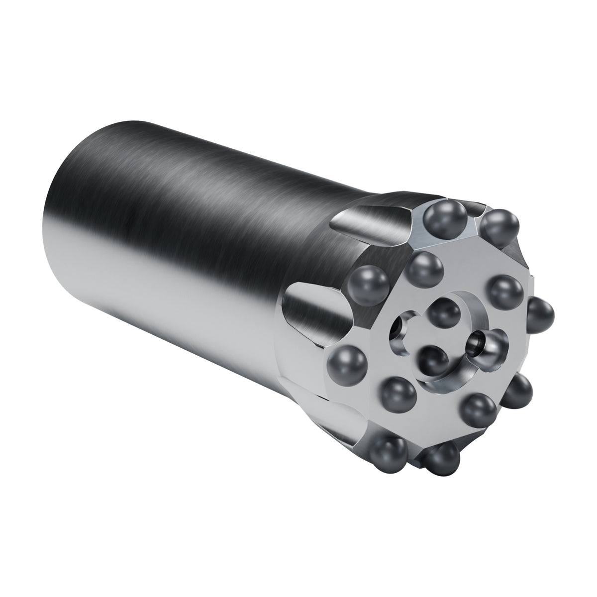 Rockmore T-WiZ60 button bit, drop centre, 8 gauge + 4 front + 2 centre buttons, 2 front flushing holes (render)
