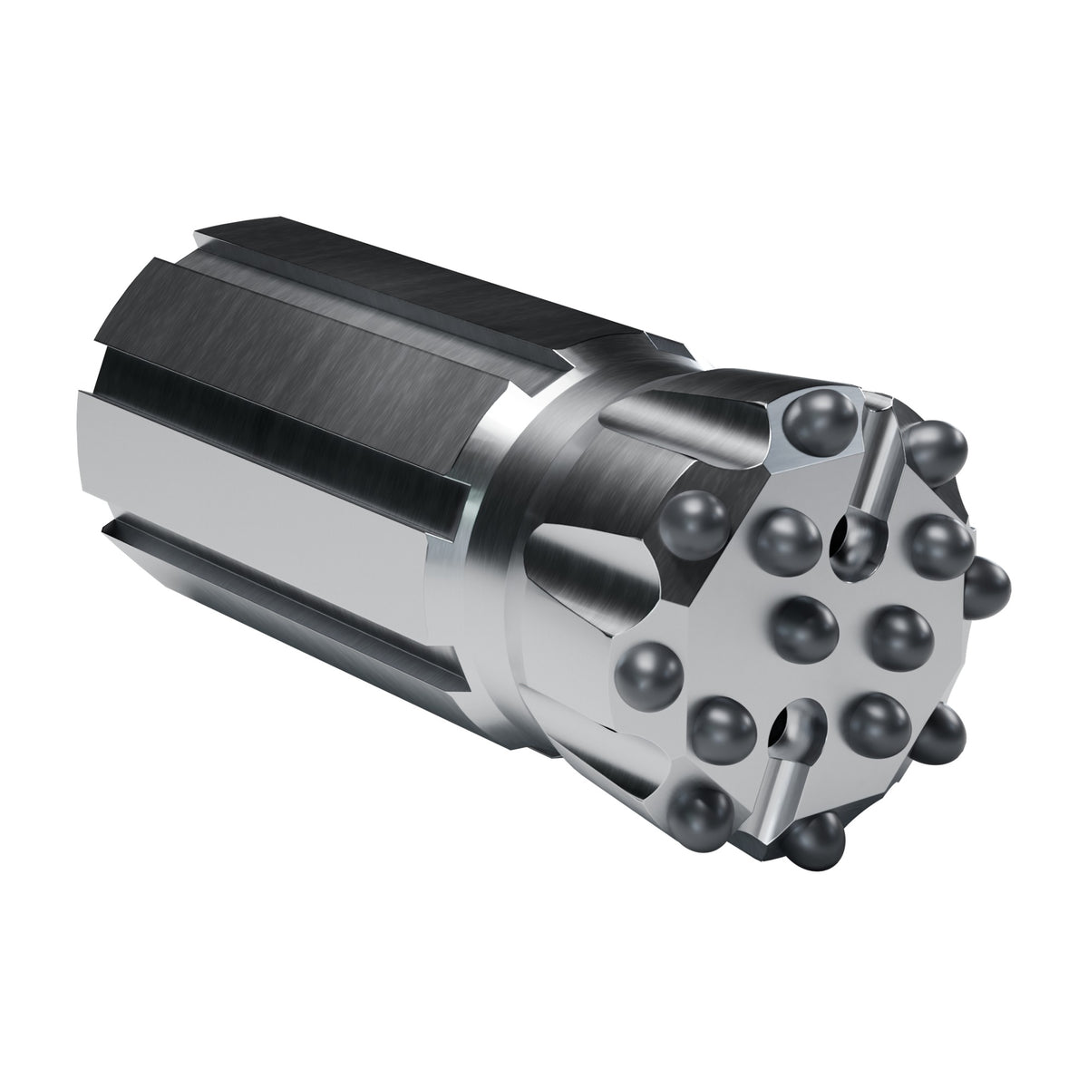 Rockmore T-WiZ60 button bit, flat face retrac, 8 gauge + 6 front buttons, 2 front flushing holes (render)
