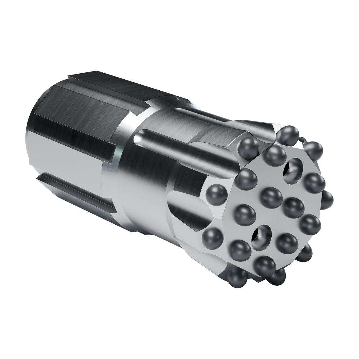 Rockmore T-WiZ60 button bit, flat face retrac, 9 gauge + 10 front buttons, 2 front flushing holes (render)