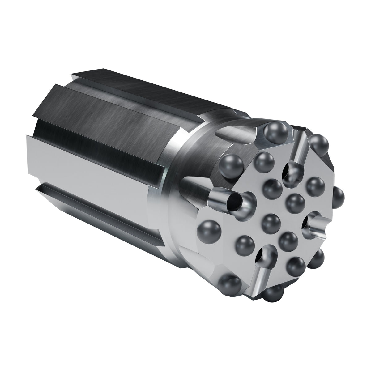 Rockmore T-WiZ60 button bit, flat face retrac, 8 gauge + 8 front buttons, 4 front flushing holes (render)