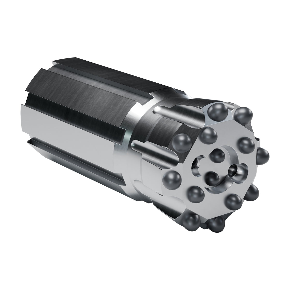 Rockmore T-WiZ60 button bit, drop centre retrac, 8 gauge + 4 front + 2 centre buttons, 2 front flushing holes (render)