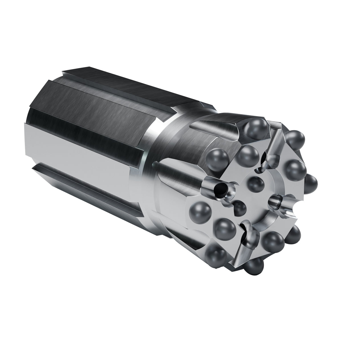 Rockmore T-WiZ60 button bit, drop centre retrac, 8 gauge + 4 front + 2 centre buttons, 4 front flushing holes (render)