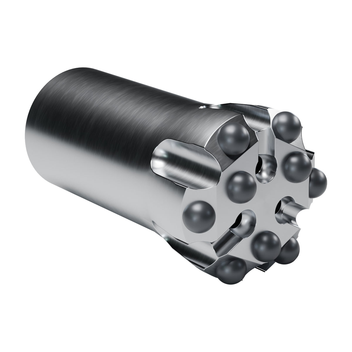 Rockmore T35 button bit, B3 design, 6 gauge + 3 front buttons, 3 front flushing holes (render)