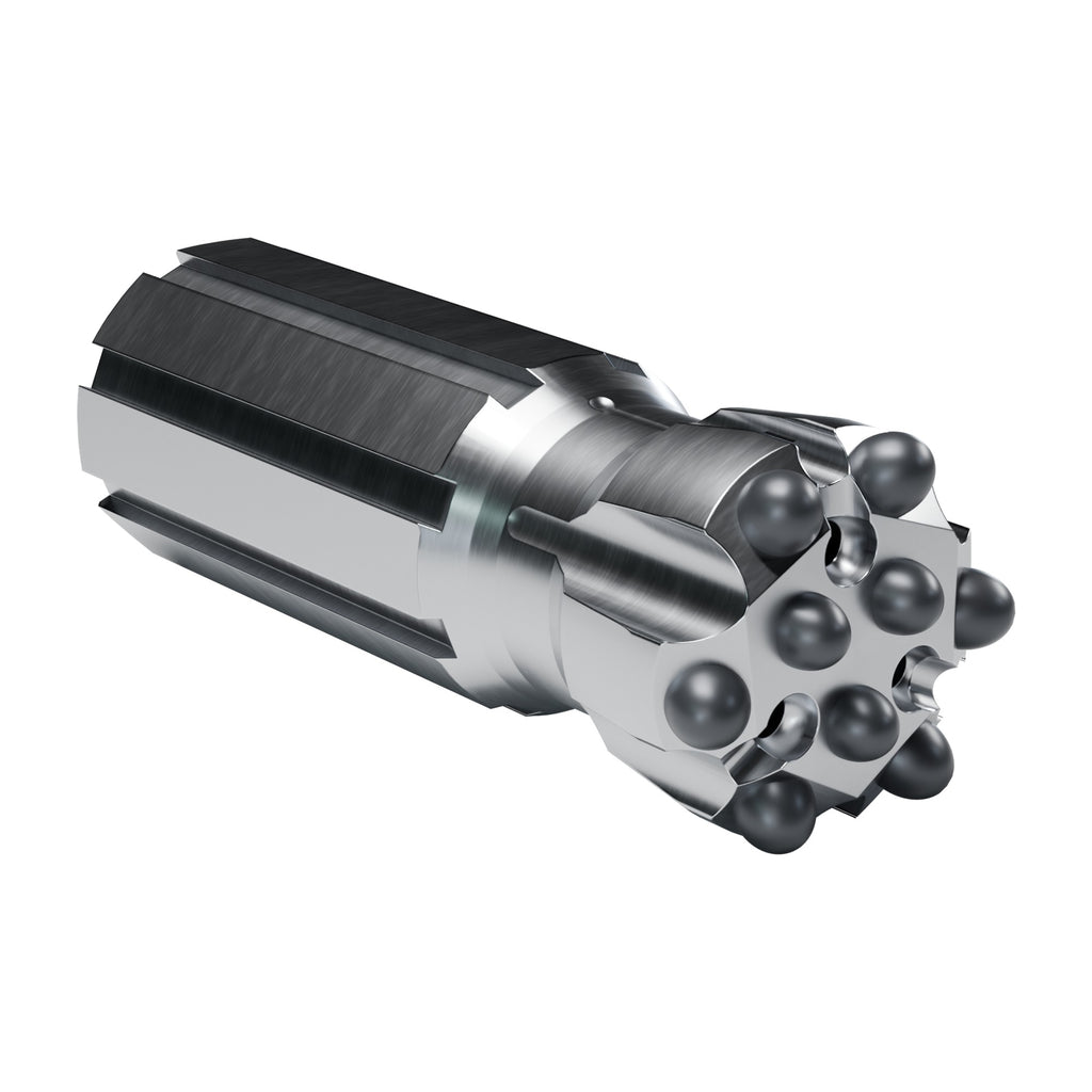 Rockmore T35 button bit, flat face retrac, 6 gauge + 3 front buttons, 3 front flushing holes (render)
