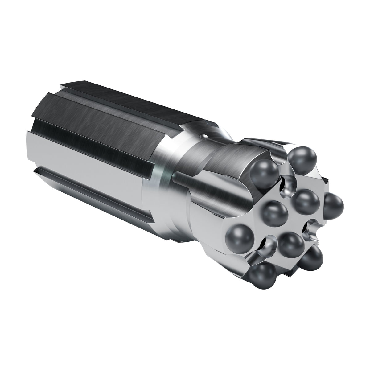 Rockmore T35 button bit, flat face retrac, 6 gauge + 3 front buttons, 3 front flushing holes (render)