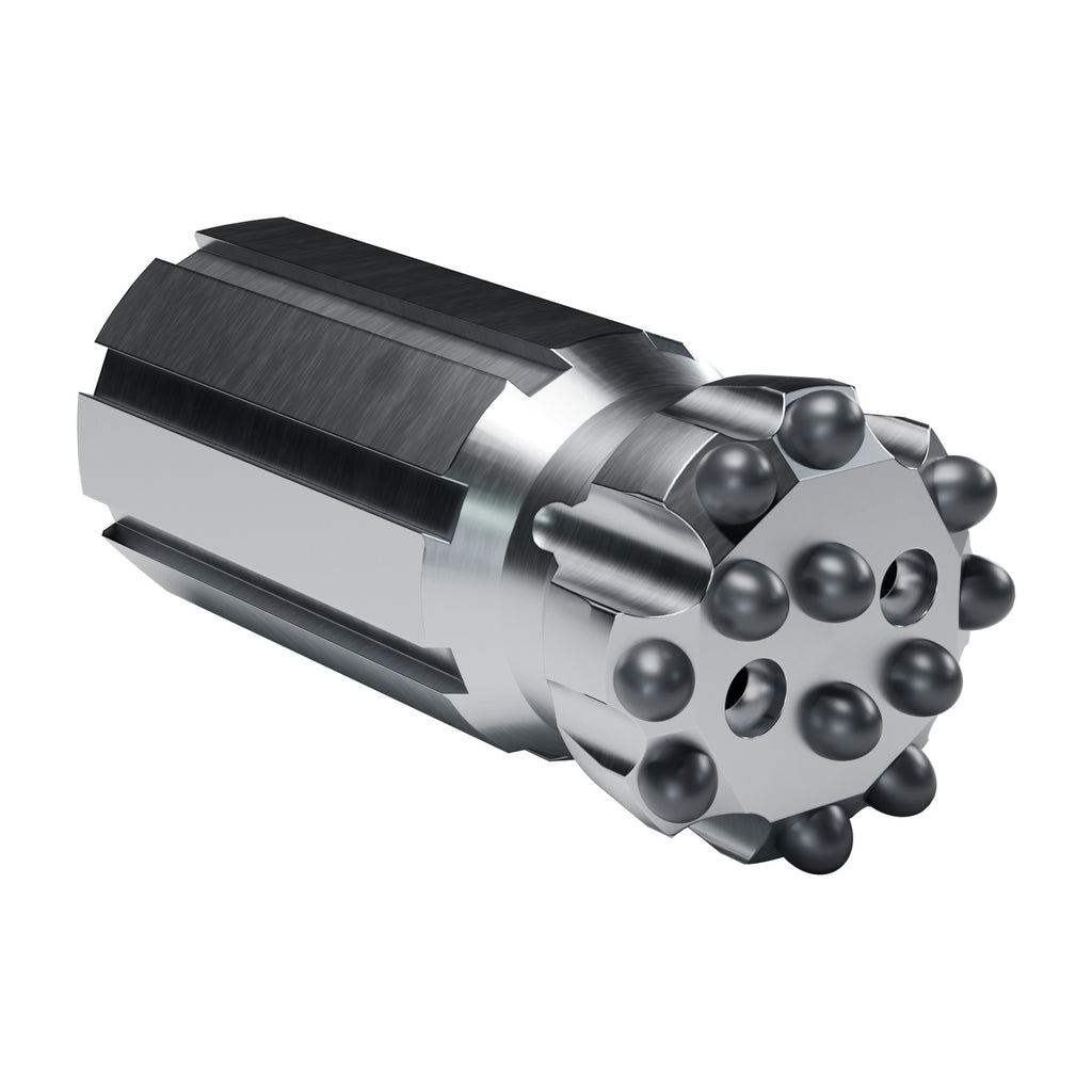 Rockmore T35 button bit, flat face retrac, 8 gauge + 4 front buttons, 2 front flushing holes (render)