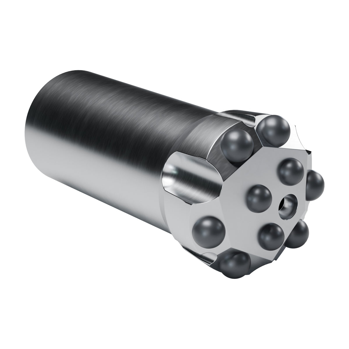 Rockmore T38 button bit, flat face, 6 gauge + 3 front buttons, 1 front flushing hole (render)