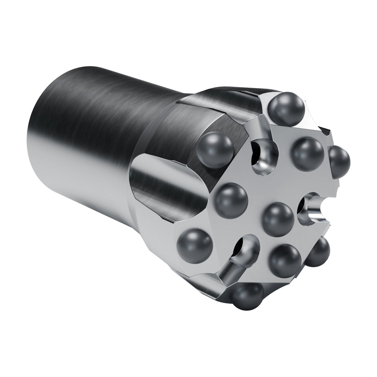 Rockmore T38 button bit, flat face, 6 gauge + 4 front buttons, 3 front flushing holes (render)
