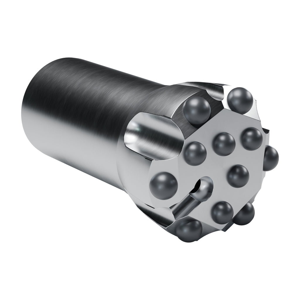 Rockmore T38 button bit, flat face, 6 gauge + 5 front buttons, 1 front flushing hole (render)