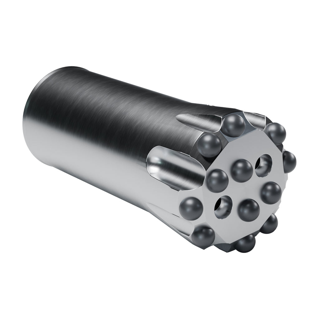 Rockmore T38 button bit, flat face, 8 gauge + 4 front buttons, 2 front flushing holes (render)