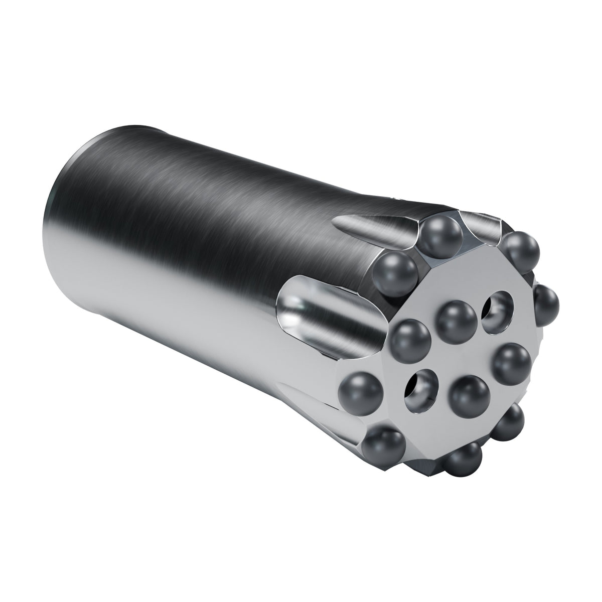 Rockmore T38 button bit, flat face, 8 gauge + 4 front buttons, 2 front flushing holes (render)