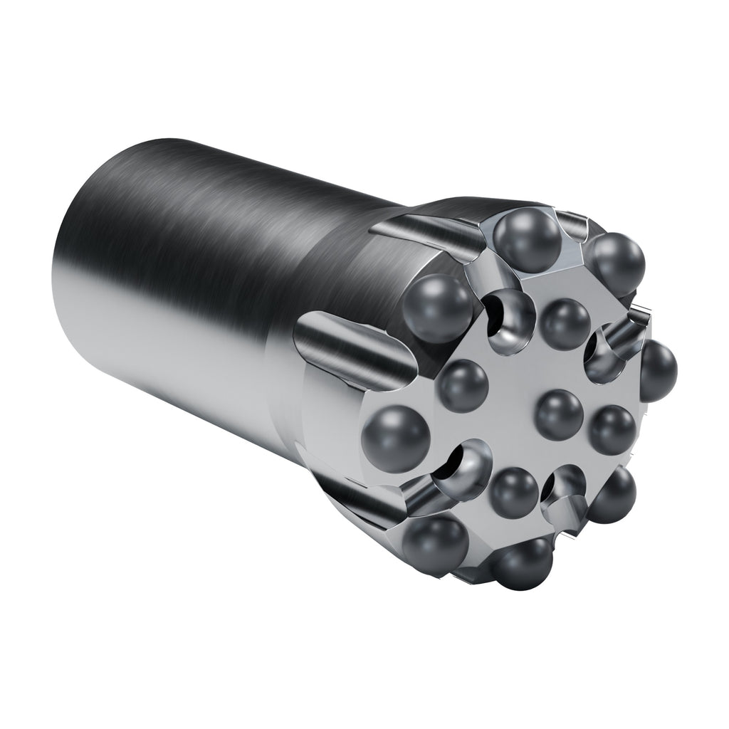 Rockmore T38 button bit, flat face, 8 gauge + 5 front buttons, 4 front flushing holes (render)