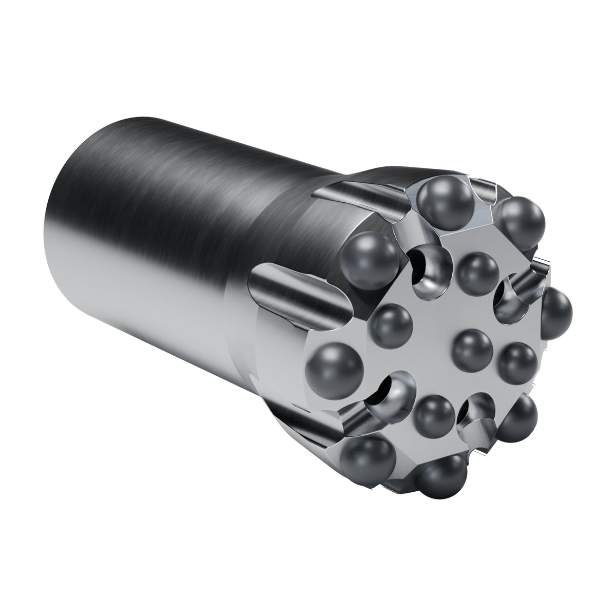 Rockmore T38 button bit, flat face, 8 gauge + 5 front buttons, 4 front flushing holes (render)