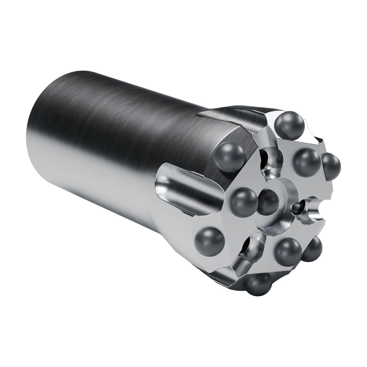 Rockmore T38 button bit, drop centre, 6 gauge + 3 front + 1 centre buttons, 3 front flushing holes (render)