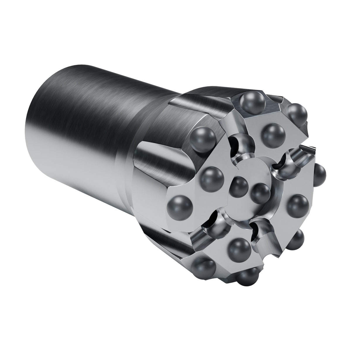 Rockmore T38 button bit, drop centre, 8 gauge + 4 front + 2 centre buttons, 4 front flushing holes (render)