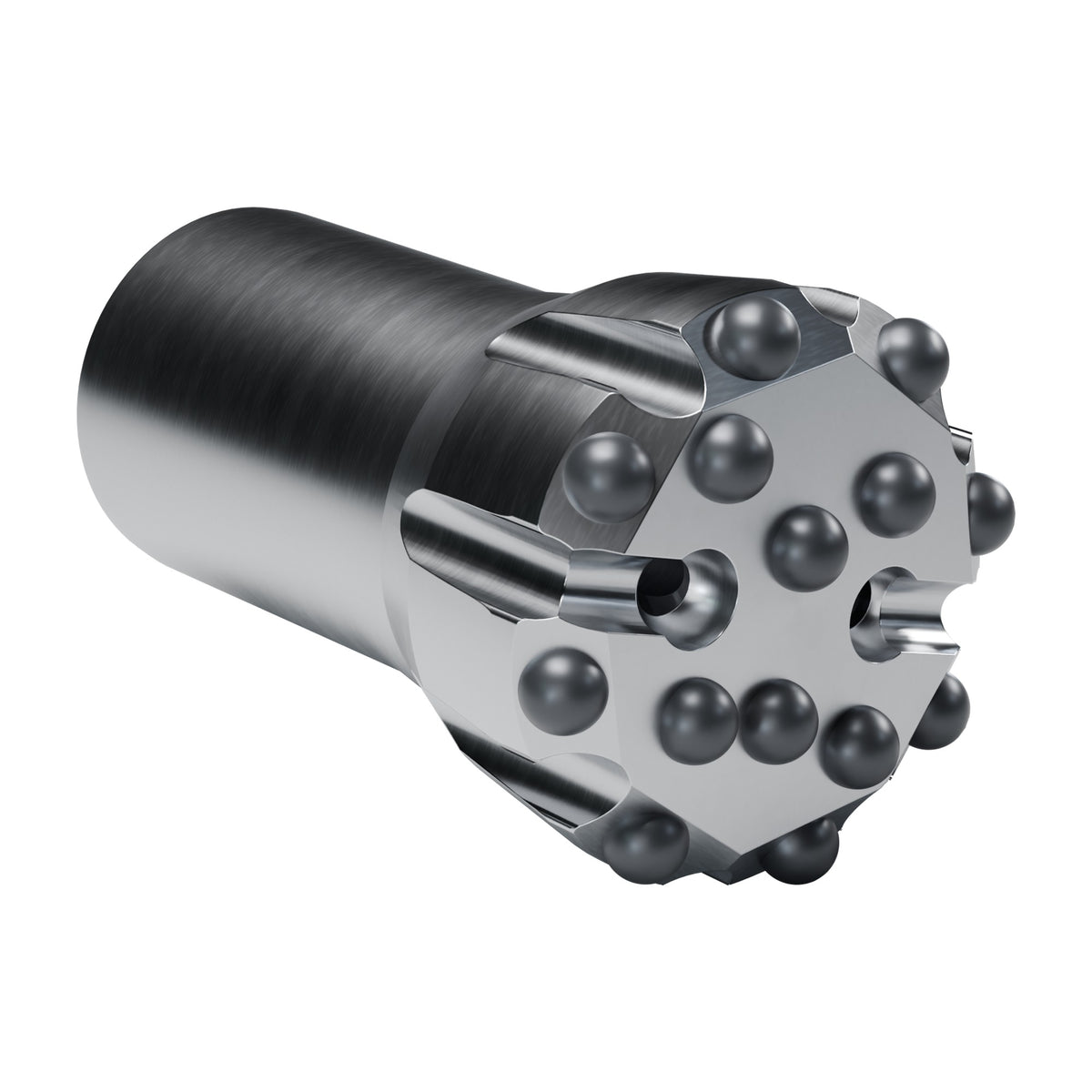 Rockmore T38 button bit, flat face, 8 gauge + 6 front buttons, 2 front flushing holes (render)