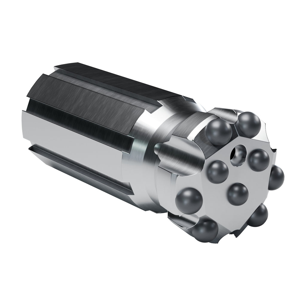 Rockmore T38 button bit, flat face retrac, 6 gauge + 3 front buttons, 1 front flushing hole (render)