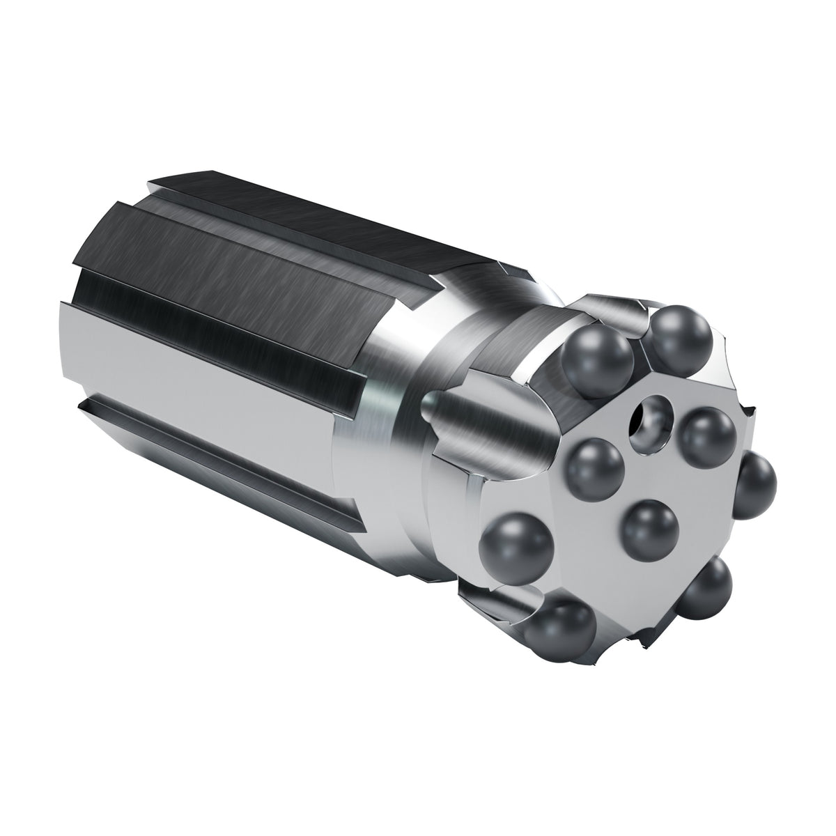 Rockmore T38 button bit, flat face retrac, 6 gauge + 3 front buttons, 1 front flushing hole (render)