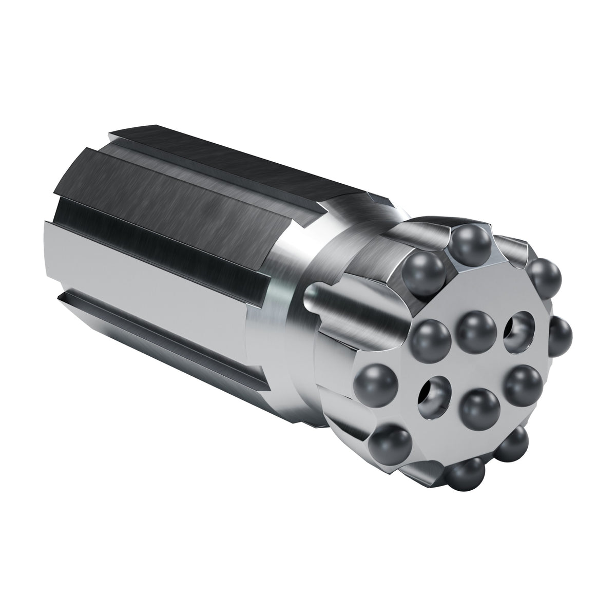 Rockmore T38 button bit, flat face retrac, 8 gauge + 4 front buttons, 2 front flushing holes (render)
