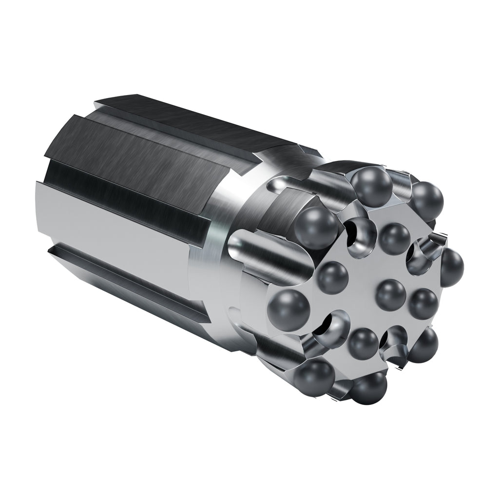 Rockmore T38 button bit, flat face retrac, 8 gauge + 5 front buttons, 4 front flushing holes (render)