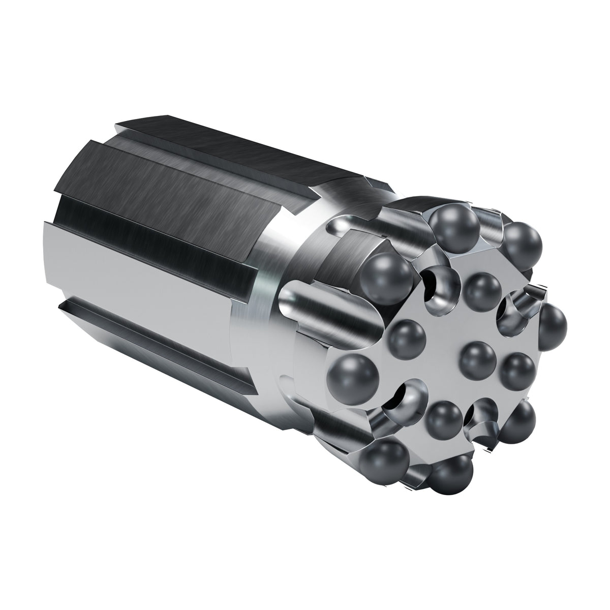 Rockmore T38 button bit, flat face retrac, 8 gauge + 5 front buttons, 4 front flushing holes (render)