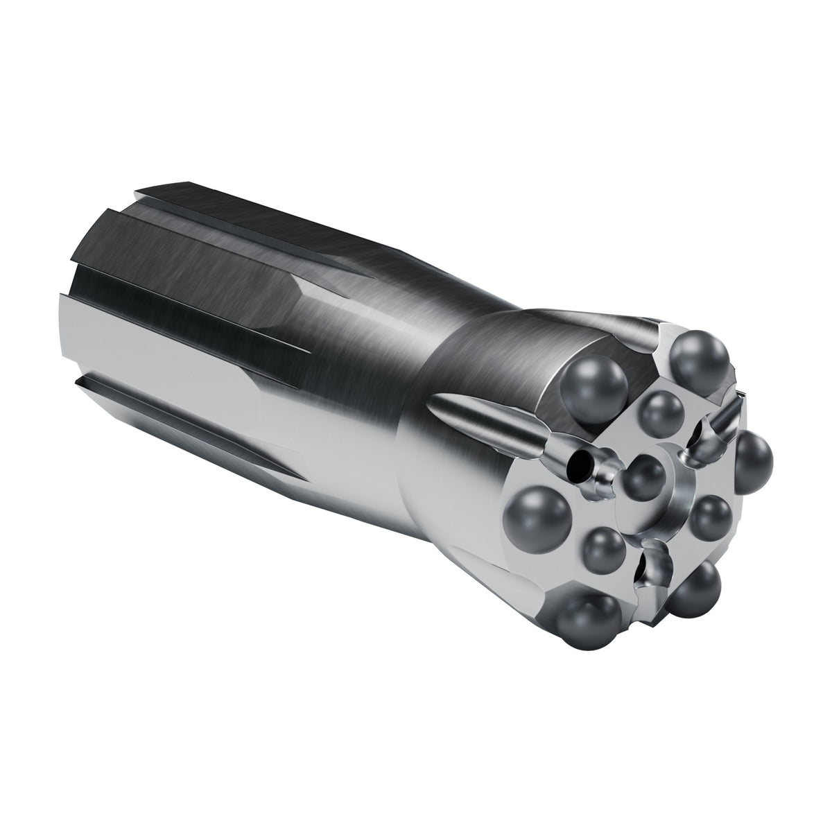 Rockmore T38 button bit, drop centre XTRAC, 6 gauge + 3 front + 1 centre buttons, 3 front flushing holes (render)