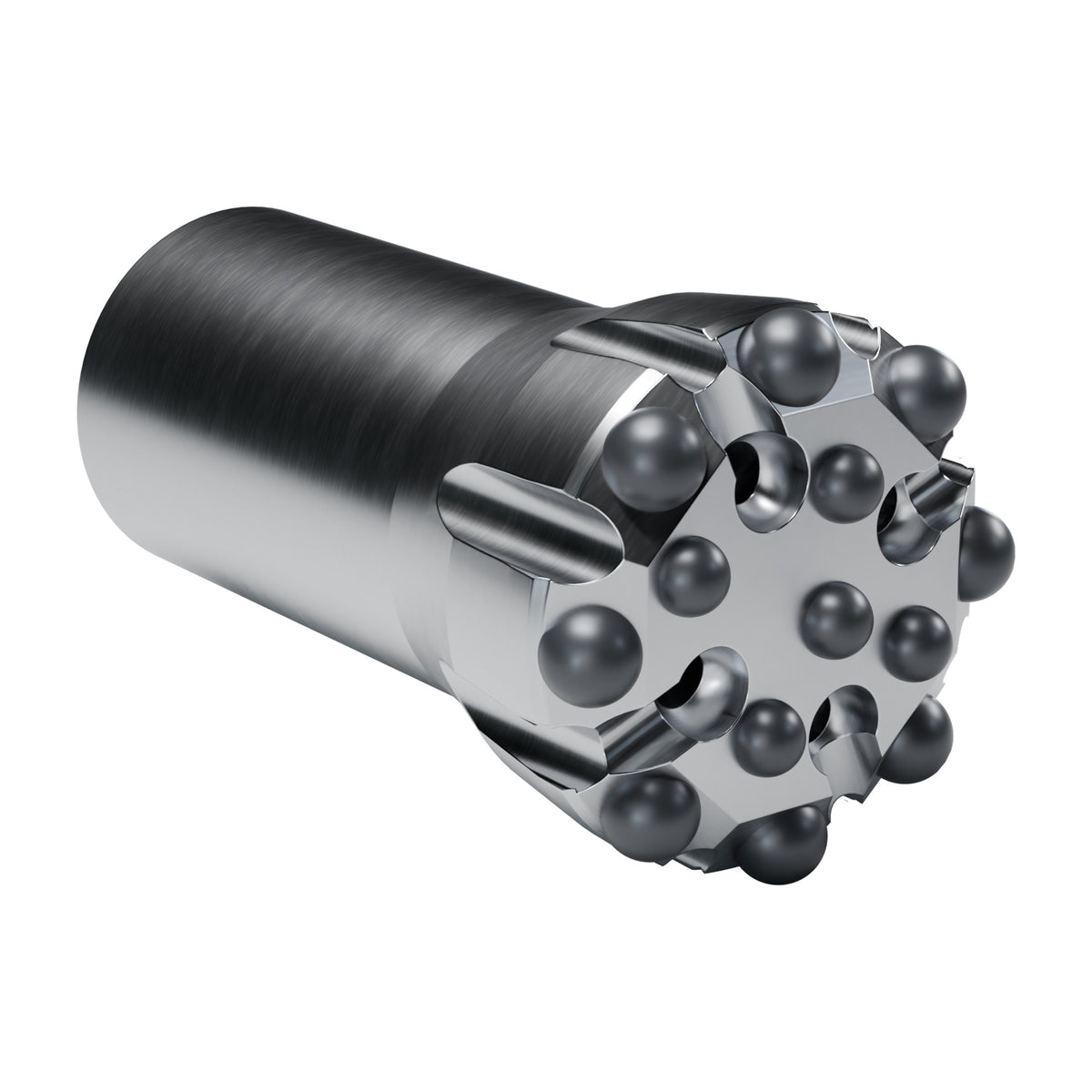 Rockmore T45 button bit, flat face, 8 gauge + 5 front buttons, 4 front flushing holes (render)