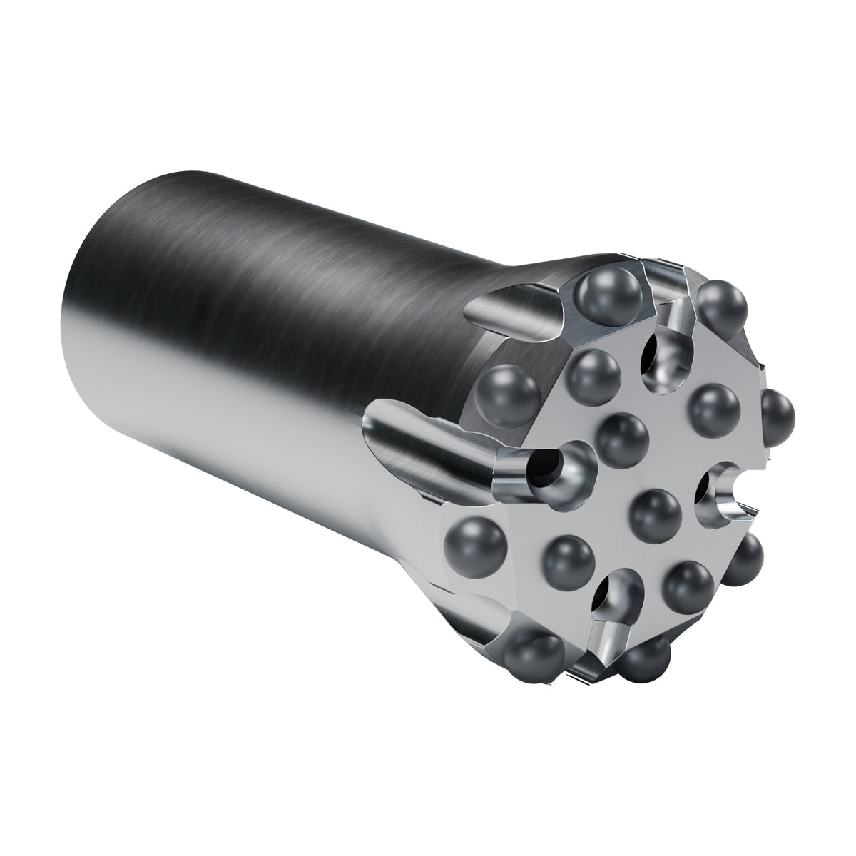 Rockmore T45 button bit, flat face, 8 gauge + 6 front buttons, 4 front flushing holes (render)