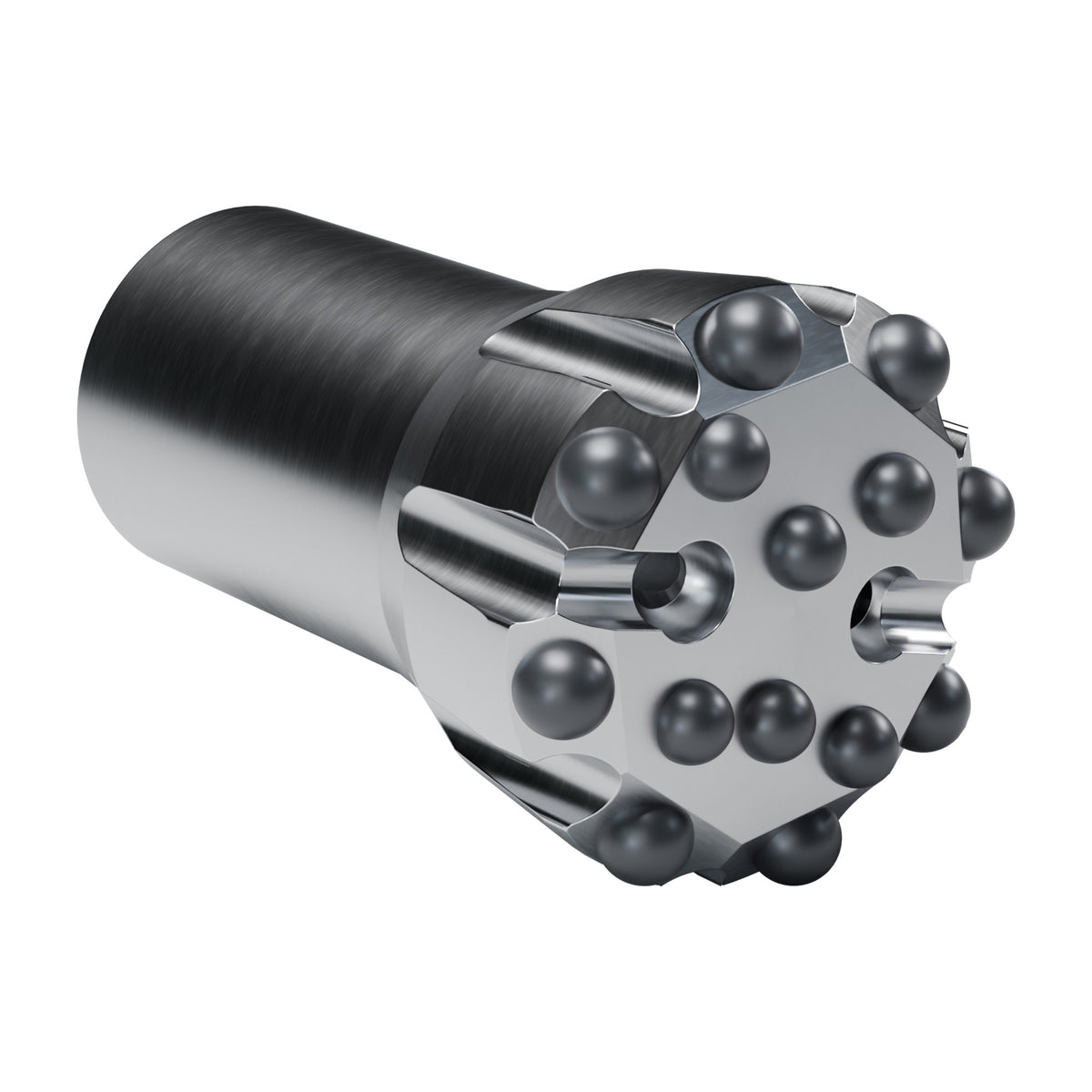 Rockmore T45 button bit, flat face, 8 gauge + 6 front buttons, 2 front flushing holes (render)