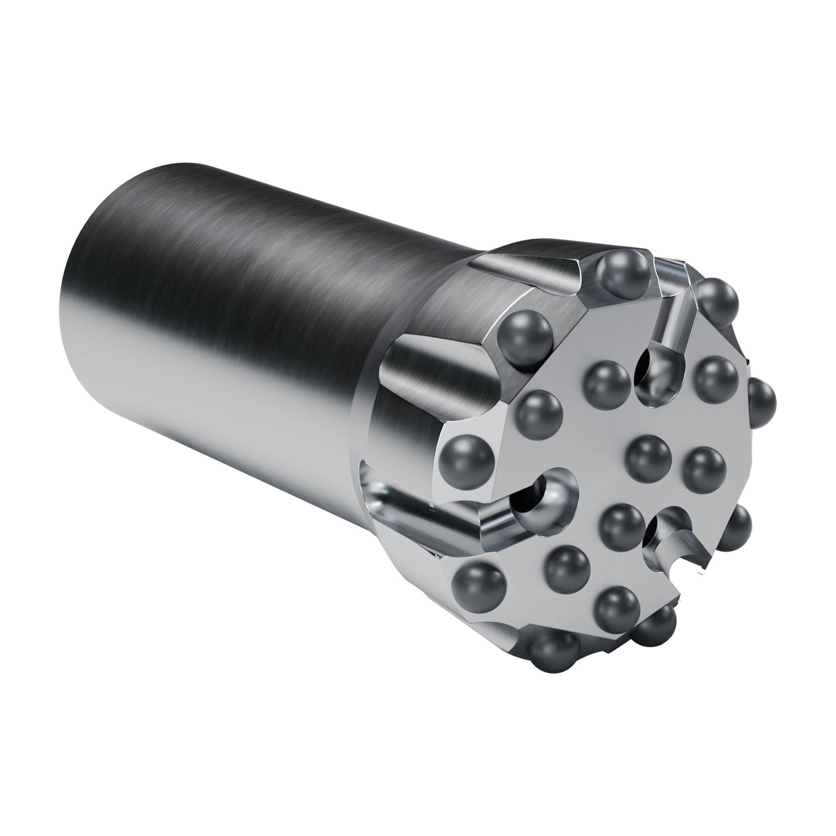Rockmore T45 button bit, flat face, 9 gauge + 8 front buttons, 3 front flushing holes (render)