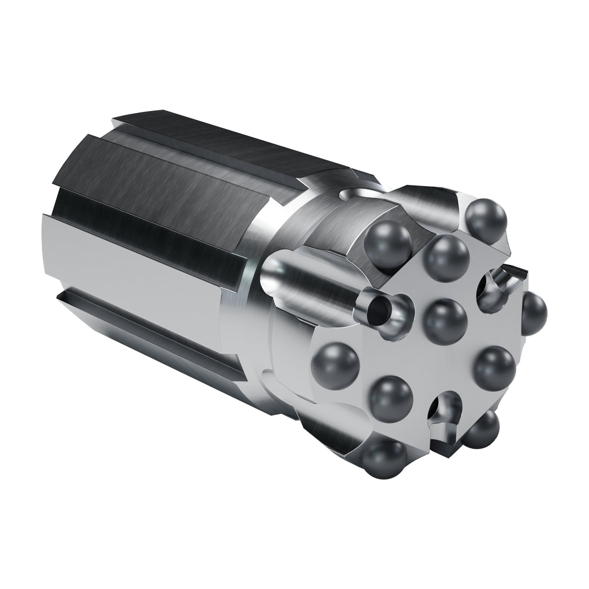 Rockmore T45 button bit, flat face retrac, 6 gauge + 4 front buttons, 3 front flushing holes (render)