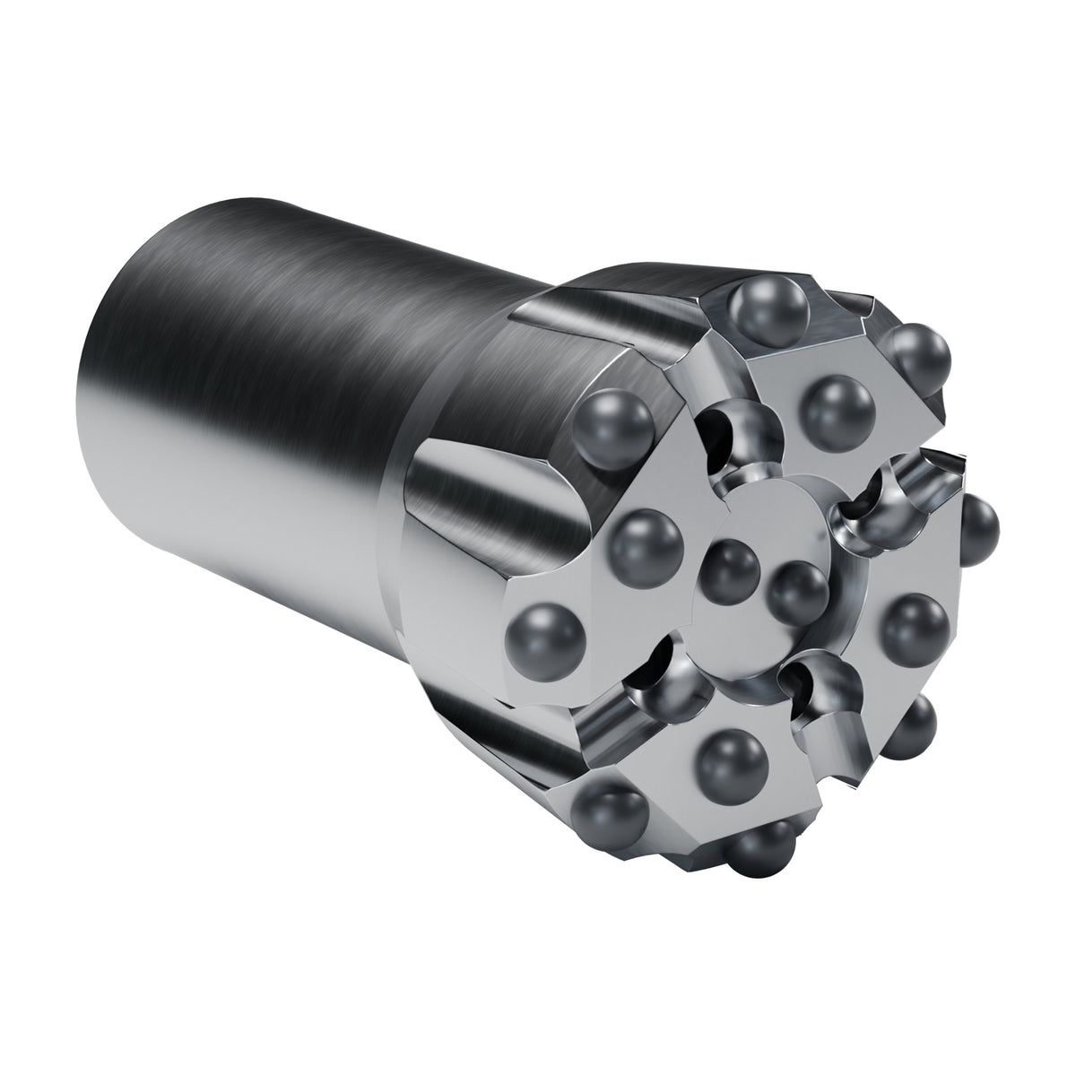 Rockmore T45 button bit, drop centre, 8 gauge + 4 front + 2 centre buttons, 4 front flushing holes (render)