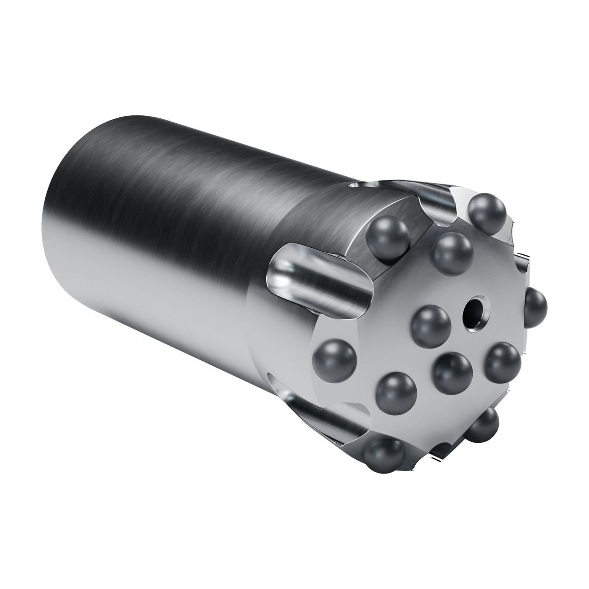 Rockmore T45 button bit, semi-dome, 6 gauge + 5 front buttons, 1 front flushing hole (render)