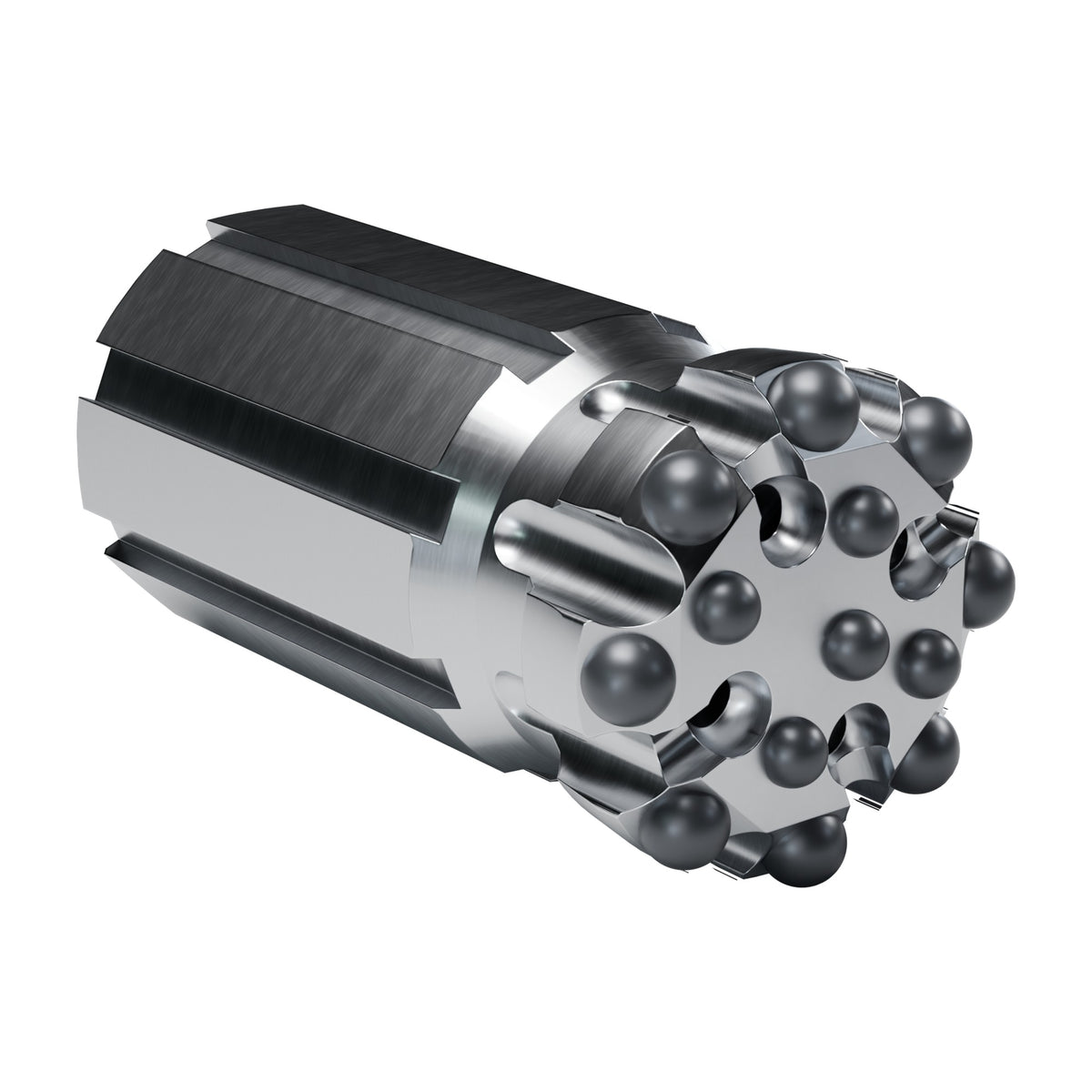 Rockmore T45 button bit, flat face retrac, 8 gauge + 5 front buttons, 4 front flushing holes (render)