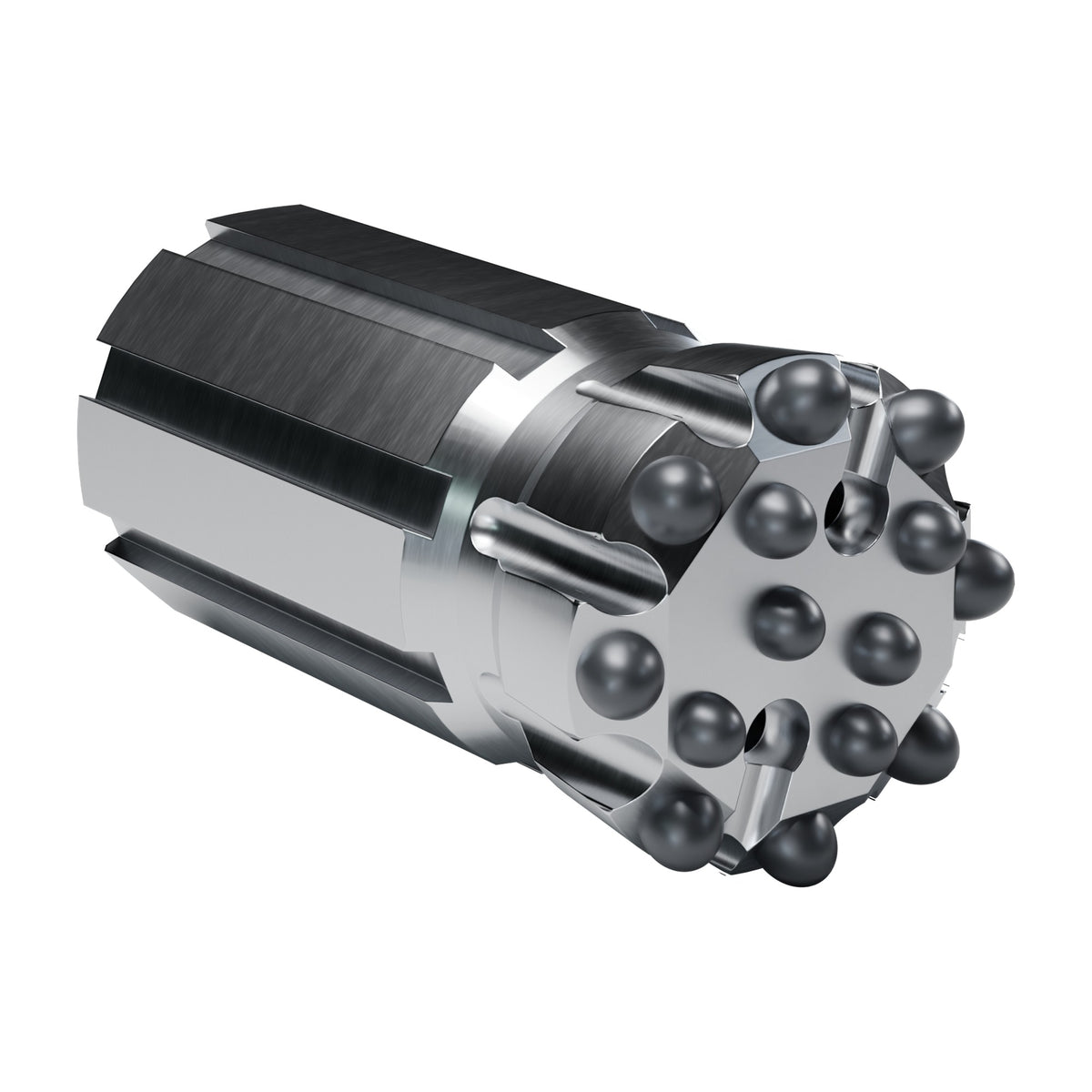 Rockmore T45 button bit, flat face retrac, 8 gauge + 6 front buttons, 2 front flushing holes (render)