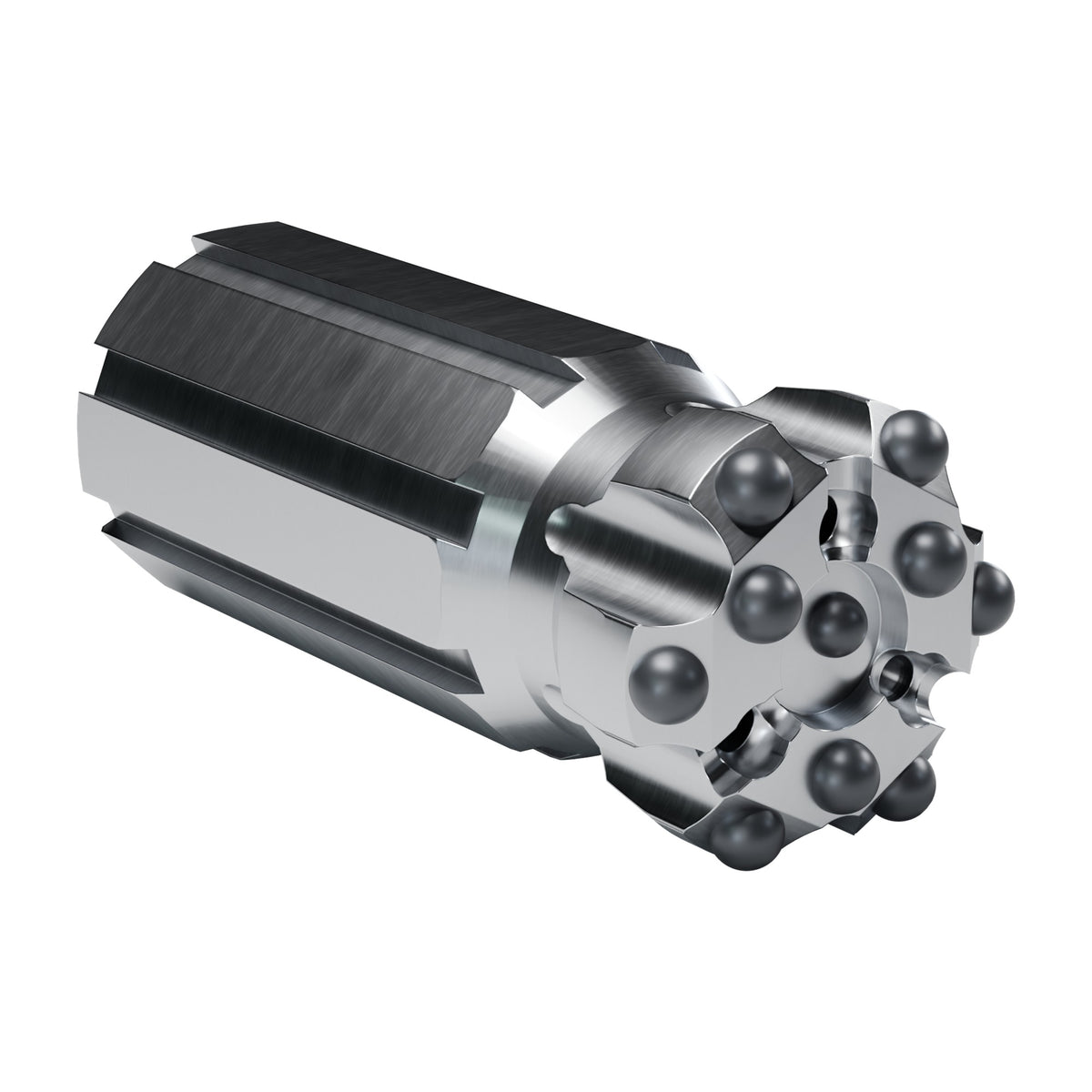 Rockmore T45 button bit, drop centre retrac, 6 gauge + 3 front + 1 centre buttons, 3 front flushing holes (render)