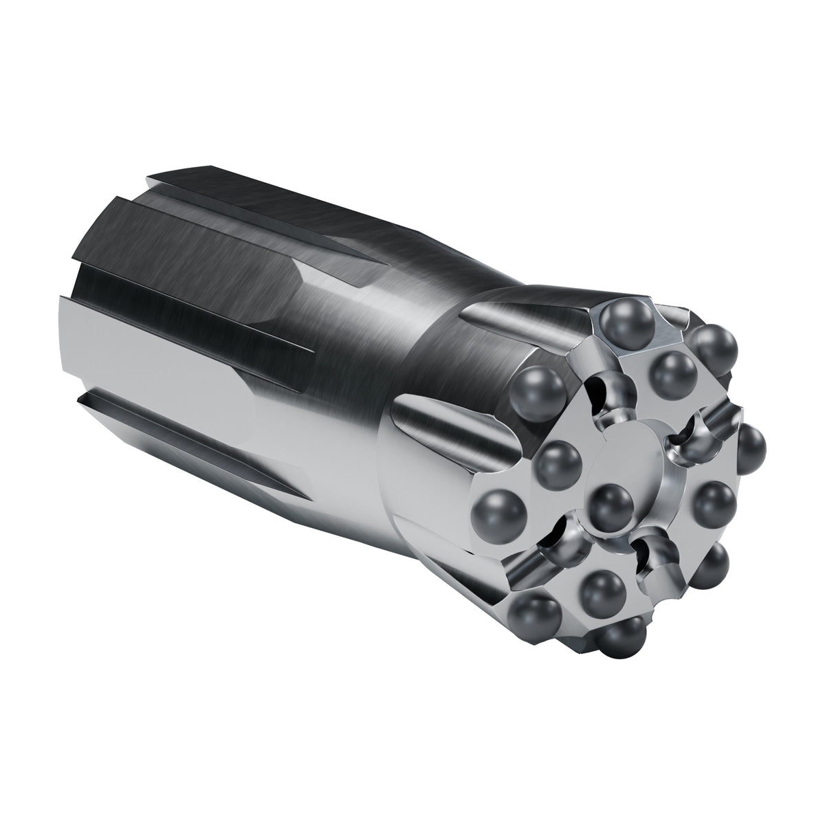 Rockmore T45 button bit, drop centre XTRAC, 8 gauge + 4 front + 1 centre buttons, 4 front flushing holes (render)
