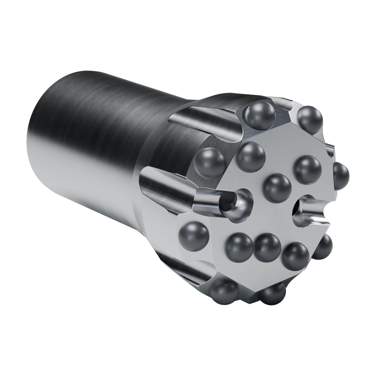 Rockmore T51 button bit, flat face, 8 gauge + 6 front buttons, 2 front flushing holes (render)
