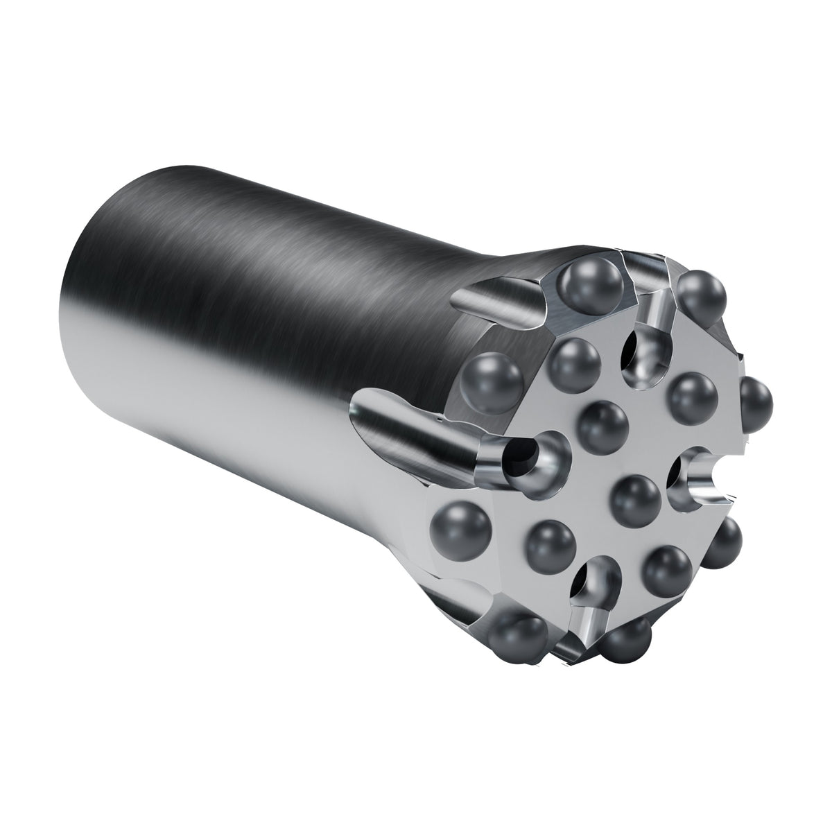 Rockmore T51 button bit, flat face, 8 gauge + 6 front buttons, 4 front flushing holes (render)