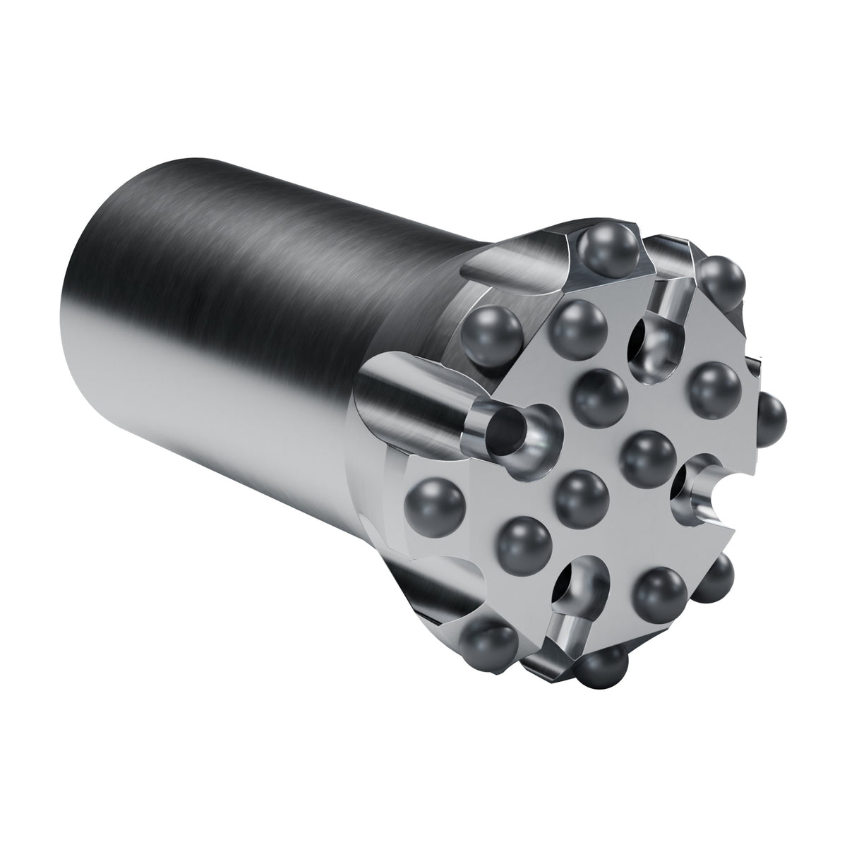 Rockmore T51 button bit, flat face, 8 gauge + 7 front buttons, 4 front flushing holes (render)