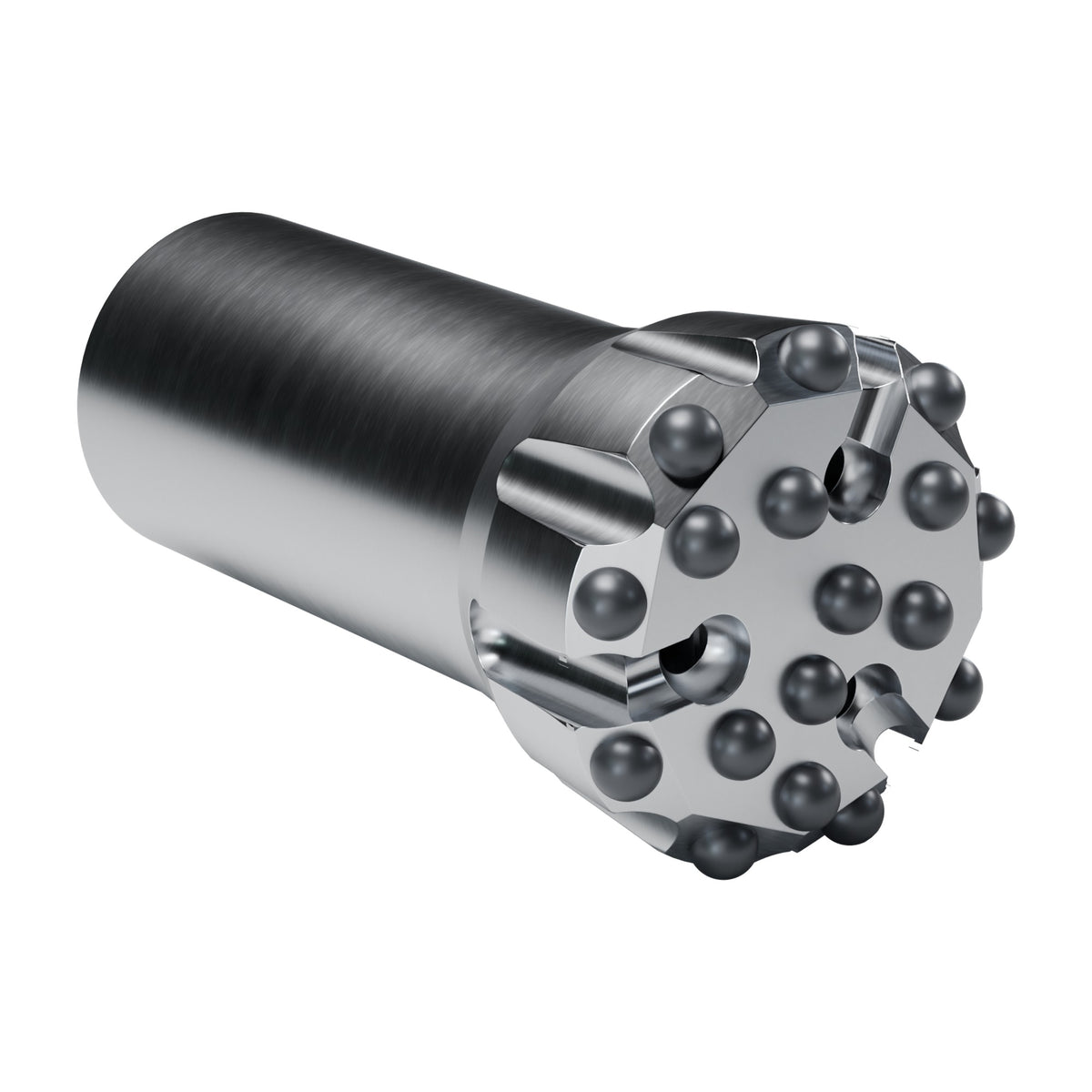 Rockmore T51 button bit, flat face, 9 gauge + 8 front buttons, 3 front flushing holes (render)