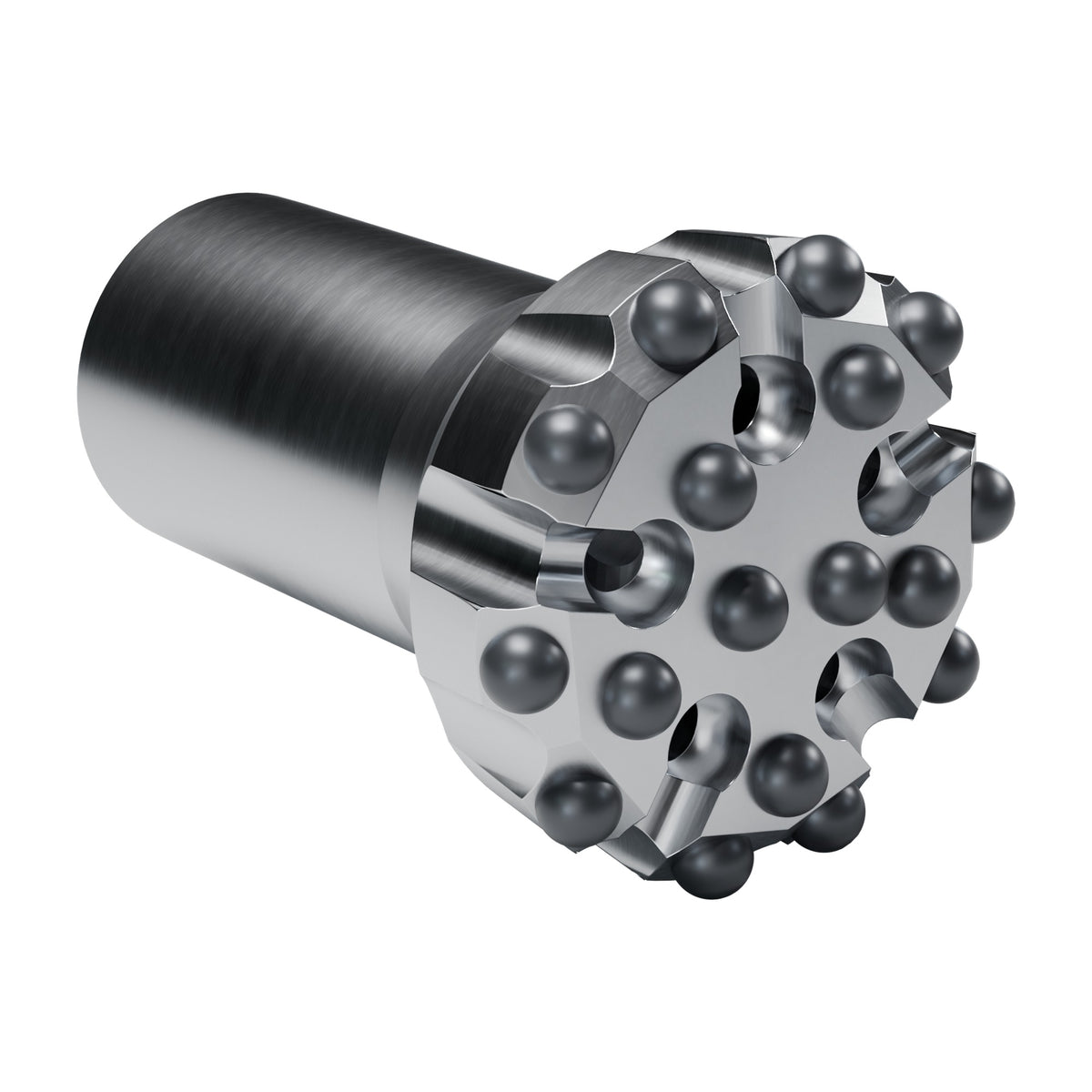 Rockmore T51 button bit, flat face, Starflow, 10 gauge + 7 front buttons, 5 front flushing holes (render)