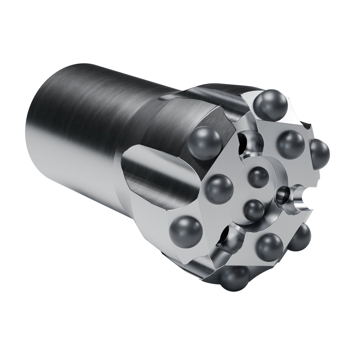 Rockmore T51 button bit, drop centre, 6 gauge + 3 front + 2 centre buttons, 3 front flushing holes (render)