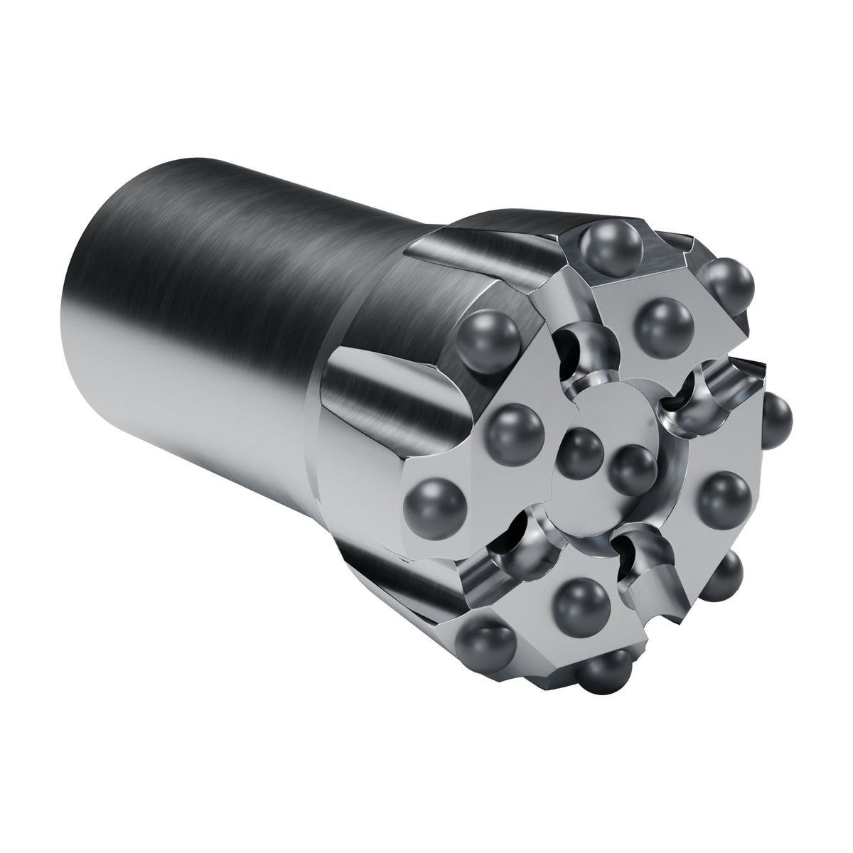 Rockmore T51 button bit, drop centre, 8 gauge + 4 front + 2 centre buttons, 4 front flushing holes (render)